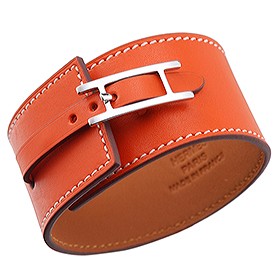 Hermes Hapi Wide Orange Leather Silver Hardware Bracelet 700596