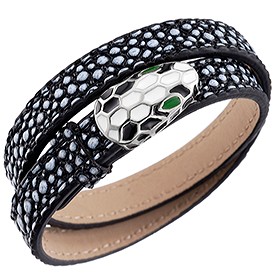 Bvlgari Serpenti Black & White Leather Silver Hardware Bracelet 700520