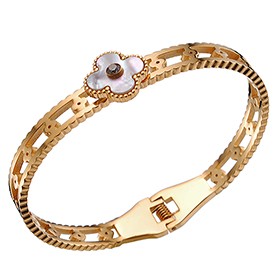 Van Cleef Alhambra Mother Of Pearl Clover And Diamond Rose Gold Bangle Bracelet