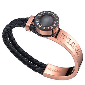 Bvlgari Rose Gold And Black Leather Bracelet