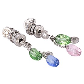 Bvlgari Replica Tri-Colored Clear Bead Engraved Sterling Silver Hanging Earrings