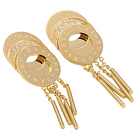 Bvlgari Replica Diamond Stud Engraved Triple Disc Yellow Gold Hanging Earrings