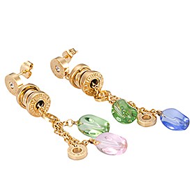 Bvlgari Replica Tri-Colored Clear Bead Engraved Yellow Gold Plated Hanging Earrings
