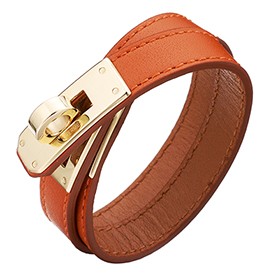 Hermes Replica Double Wrap Strap Brass Turnlock Closure Orange Leather Bracelet