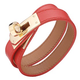 Hermes Replica Double Wrap Strap Brass Turnlock Closure Red Leather Bracelet