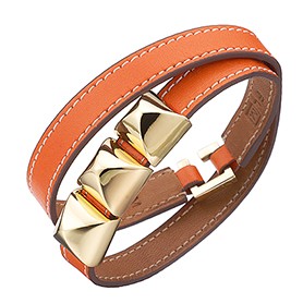 Hermes Replica Gold Pyramid Stud Accent Slim Orange Double Wrap Leather Bracelet