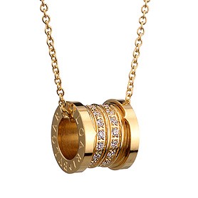 BVLGARI Inscribed White Crystal Stud Spool Pendant Yellow Gold Plated Fine Chain Necklace