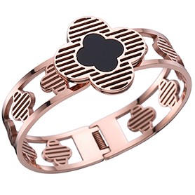 Van Cleef and Arpels Replica Black Enamel Stud Cutwork Rose-Gold Floral Bangle Bracelet
