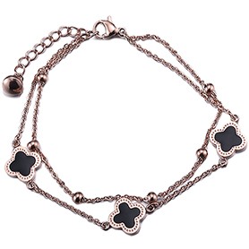 Van Cleef and Arpels Replica Black Enamel Stud Floral Charm Double Fine Link Chain Bracelet