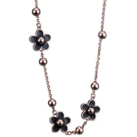 Van Cleef and Arpels Replica Black Enamel Floral Charm & Silver Beads Heavy Chain Necklace