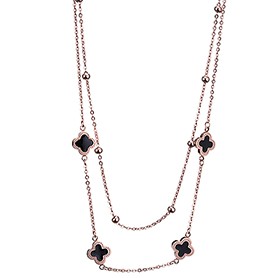 Van Cleef and Arpels Replica Black Enamel Floral Charm & Silver Beads Double Fine Chain Necklace