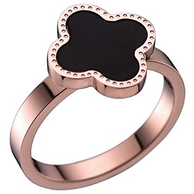Van Cleef and Arpels Replica Black Enamel Stud Floral Center Rose-Gold Ring