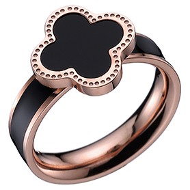 Van Cleef and Arpels Replica Black Enamel Stud Floral Center & Rim Rose-Gold Ring