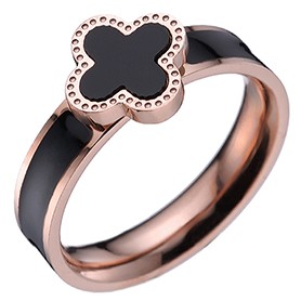 Van Cleef and Arpels Replica Black Enamel Stud Floral Center Slim Rose-Gold Ring