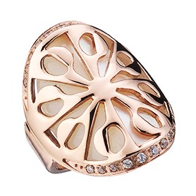 Bvlgari Replica Crystal Encrusted Mother Of Pearl Based Floral Carved Rose Gold Ring