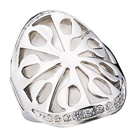 Bvlgari Replica Crystal Encrusted Mother Of Pearl Based Floral Carved Silver Ring