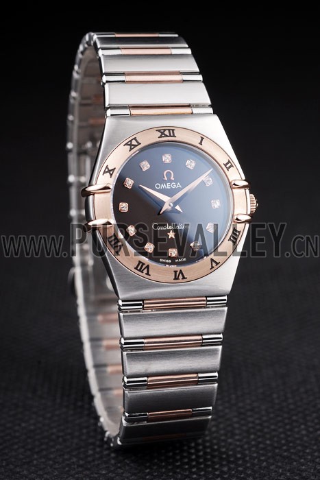 Omega Swiss Constellation Jewelry Rose Gold Case Black Dial 98114