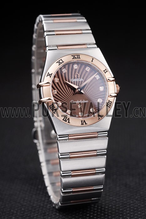Omega Swiss Constellation Jewelry Rose Gold Case Radial Emblem Brown Dial 98116