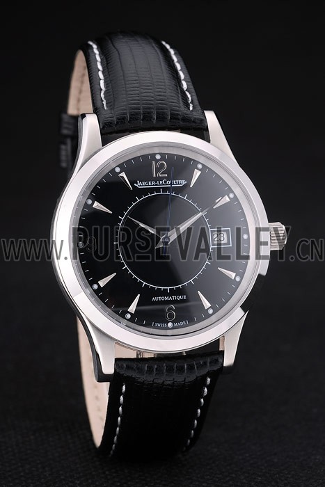 Jaeger Le Coultre Swiss Master Control Stainless Steel Bezel Black Leather Strap 7593