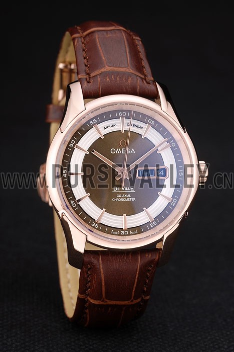 Omega Swiss DeVille Rose Gold Bezel Brown Leather Strap 7616