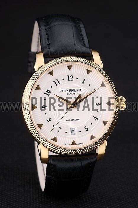 Patek Philippe Swiss Calatrava Ribbed Bezel White Dial Black Leather Strap 7639