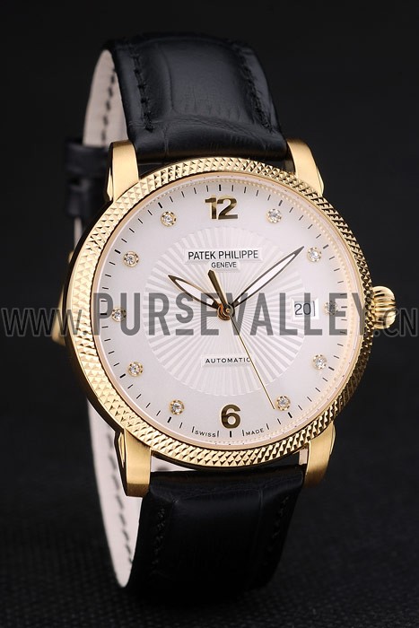 Patek Philippe Swiss Calatrava Ribbed Bezel White Dial Black Leather Strap 7642