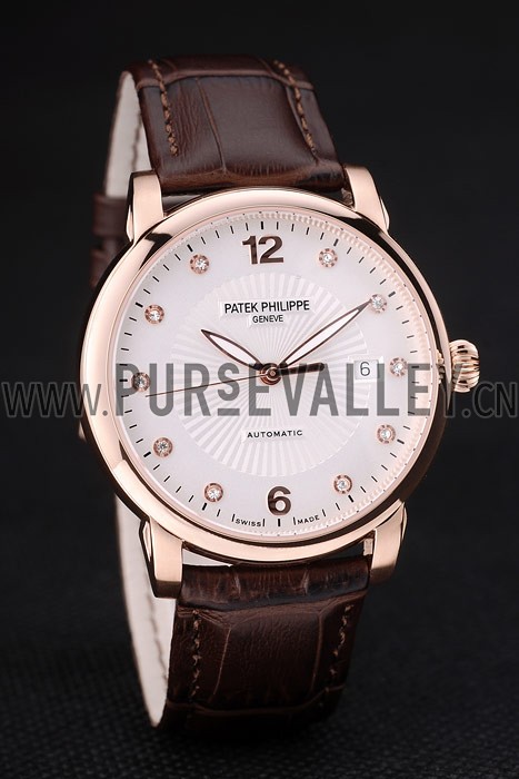 Patek Philippe Swiss Calatrava Polished Bezel White Dial Brown Leather Strap 7646