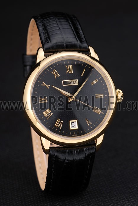 Piaget Swiss Traditional Black Dial Black Leather Strap 7628