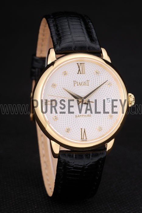 Piaget Swiss Traditional White Radial Pattern Dial Black Leather Strap 7635