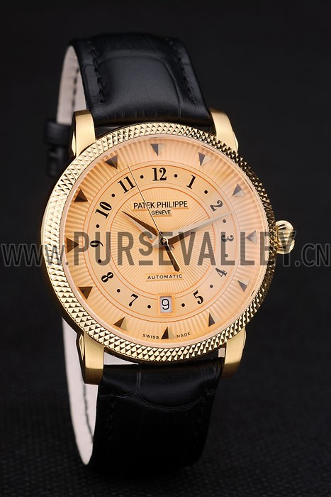 Patek Philippe Swiss Calatrava Ribbed Bezel Orange Dial Black Leather Strap 7638