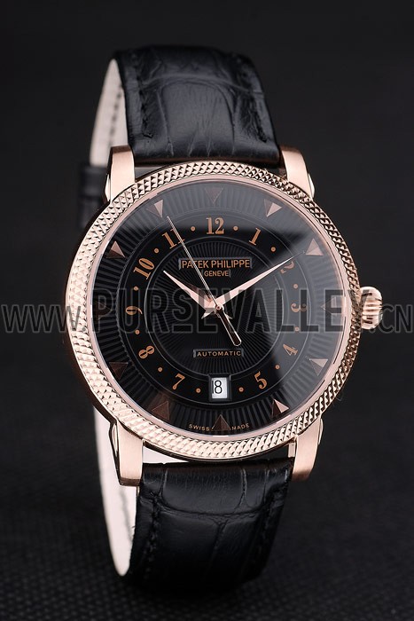 Patek Philippe Swiss Calatrava Ribbed Bezel Black Dial Black Leather Strap 7651