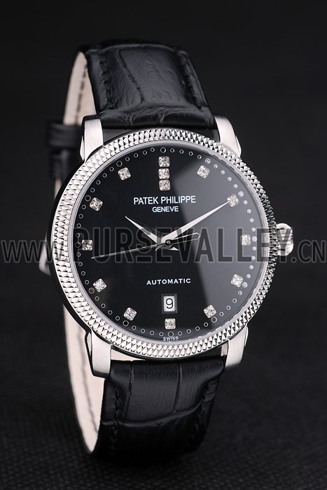 Patek Philippe Swiss Calatrava Ribbed Bezel Black Dial Black Leather Strap 7661