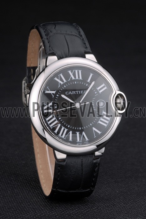 Cartier Ballon Bleu 42mm Black Dial Stainless Steel Case Black Leather Bracelet