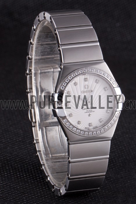 Swiss Lady Omega Constellation Crystal Encrusted Bezel Silver Radial Dial 80291