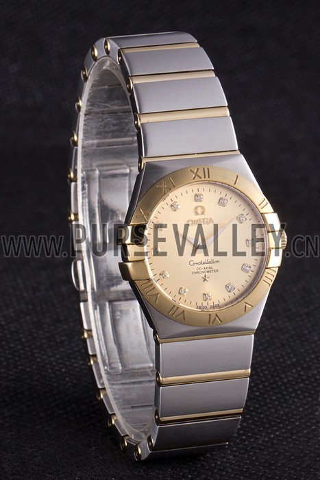 Swiss Lady Omega Constellation Stainless Steel Bracelet Golden Dial 80292