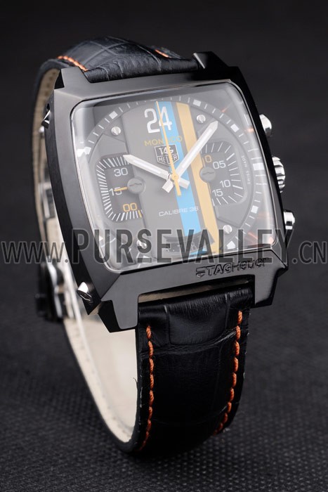 Tag Heuer Swiss Monaco Black Leather Strap Blue-Yellow Striped Black Dial