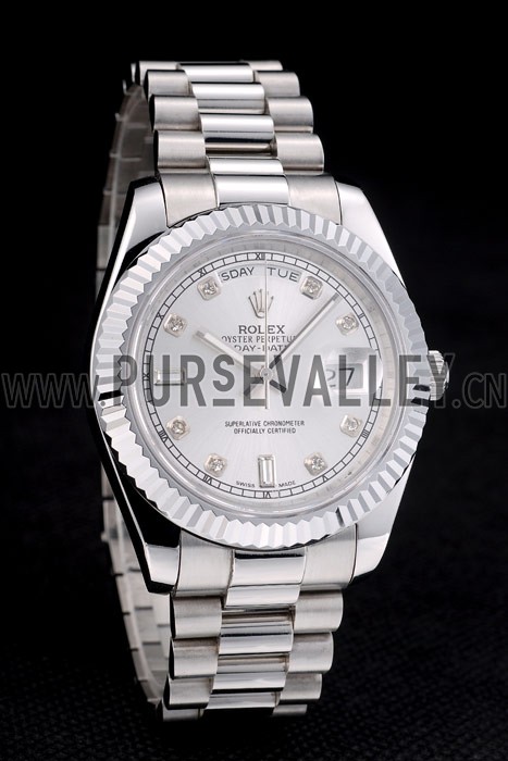 Rolex Swiss DayDate Stainless Steel Ribbed Bezel Silver Dial 41995