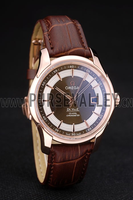 Omega Swiss DeVille Rose Gold Bezel Brown Leather Strap 7614