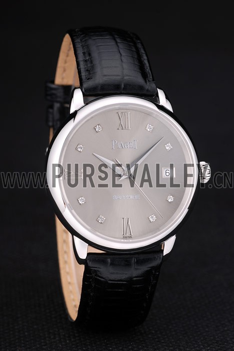 Piaget Swiss Traditional Grey Dial Black Leather Strap 7627