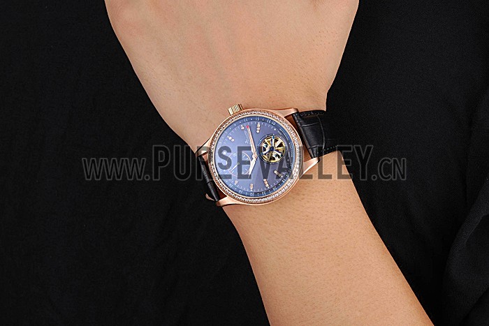 Jaeger-LeCoultre Master Tourbillon Dualtime Black Dial Gold Case With Diamonds Brown Leather Strap 622783