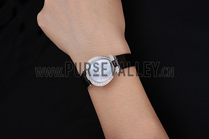 Omega Ladies Watch Pearl Dial Stainless Steel Case With Diamonds Black Leather Strap 622828