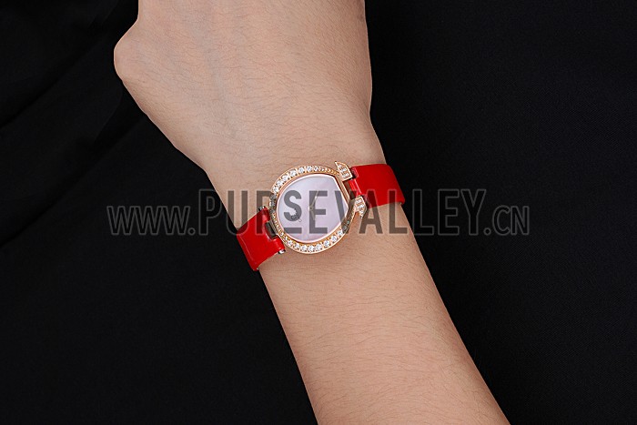 Omega Ladies Watch Pink Dial Gold Case With Diamonds Red Leather Strap 622831