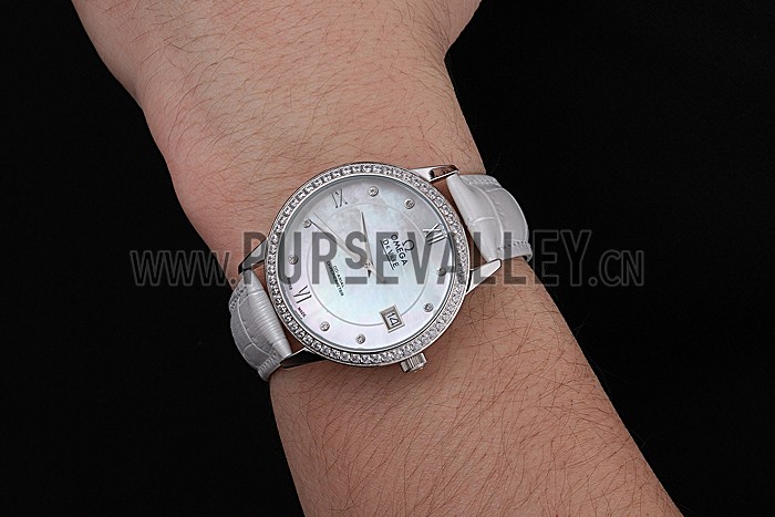 Omega DeVille Prestige Co-Axial Diamond Silver Case Mother-Of-Pearl Dial White Leather Strap