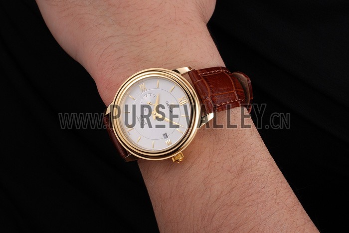 Omega De Ville Prestige Co-Axial White Dial Gold Case Brown Leather Strap Roman Numeral