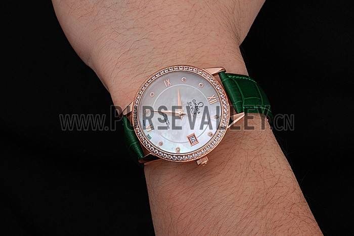 Omega DeVille Prestige Co-Axial Diamond Gold Case Mother-Of-Pearl Dial Green Leather Strap