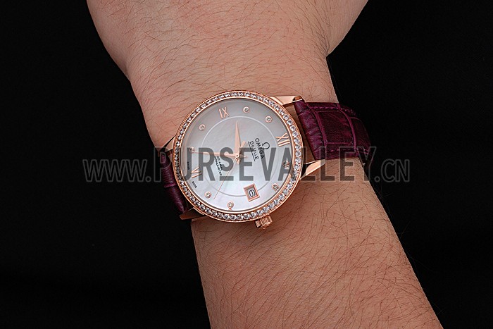 Omega DeVille Prestige Co-Axial Diamond Gold Case Mother-Of-Pearl Dial Purple Leather Strap