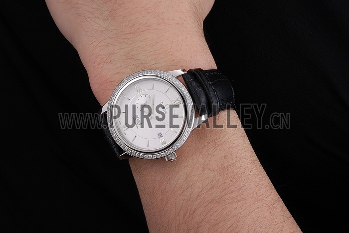 Omega De Ville Prestige Co-Axial White Dial Silver Diamond Case Black Leather Strap Roman Numeral