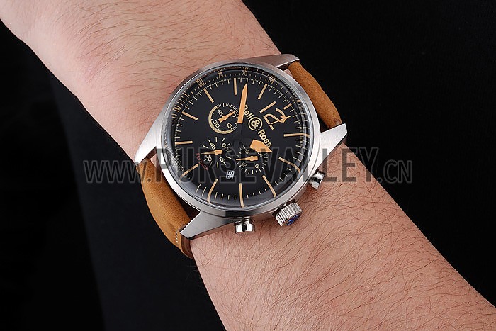 Bell and Ross BR126 Flyback Black Dial Silver Case Gold Numerals Brown Suede Leather Strap