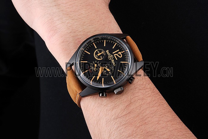 Bell and Ross BR126 Flyback Black Dial Black Case Gold Numerals Brown Suede Leather Strap