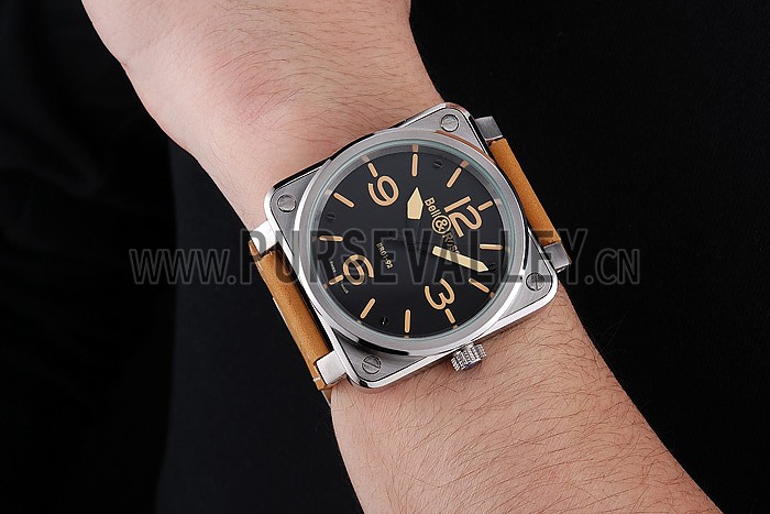Bell and Ross BR 01-92 Black Dial Silver Case Gold Numerals Brown Leather Strap